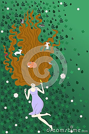 The girl lying on the green grass along with forest animals. Illustration shows love for nature. For campaign posters, ads, Stock Photo