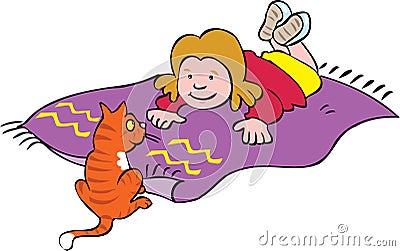 Girl lying on a mat with her cat Stock Photo