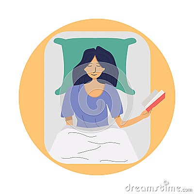 Girl lying under the covers with a book in her hand preparing for bed, illustration for sites, advertising, journalistic material Vector Illustration