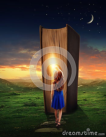 Girl in the magic book land Stock Photo