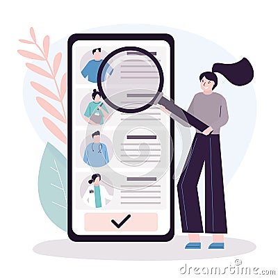 Girl with magnifying glass chooses specialist. Concept of online consultation and healthcare Vector Illustration