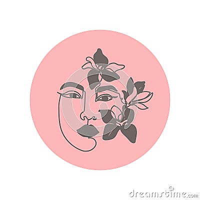 Girl with magnolias in her hair icon for social media. Cosmetics, fashion and beauty Asian women Korean cosmetics Vector Illustration