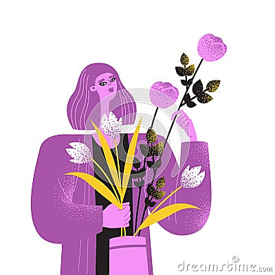 The girl makes a bouquet of flowers. Florist at work Vector Illustration