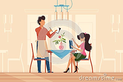 Girl makes order with waiter in restaurant Vector Illustration