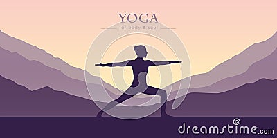 Girl makes yoga mountain view purple landscape Vector Illustration