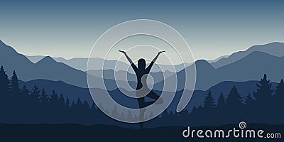 Girl makes yoga pose at beautiful blue mountain and forest landscape Vector Illustration