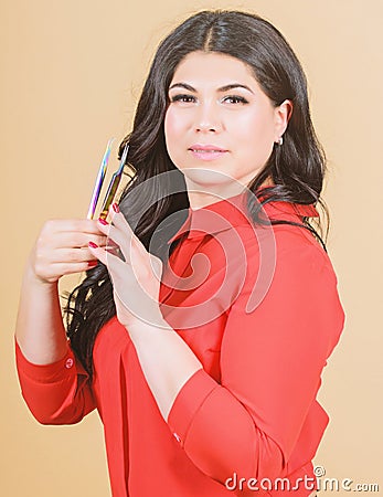 Girl makeup face hold tweezers for eyelash extension. Classic technique applying single lash extension over your natural Stock Photo