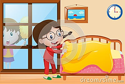 Girl making bed and dusting window Vector Illustration