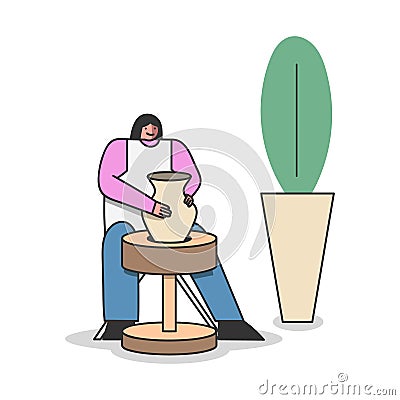 Girl making clay pots and pottery workshop. Cartoon master molding ceramic craft on wheel Vector Illustration