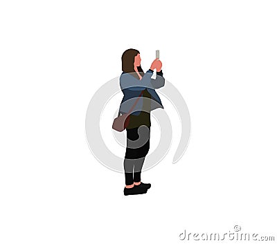 Girl making photo using smartphone side view. young woman in demi-season clothes Vector Illustration