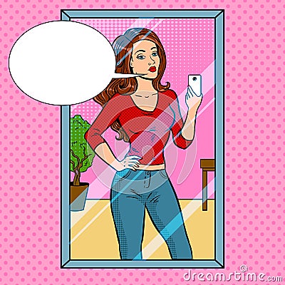 Girl is making selfie in the mirror pop art vector Vector Illustration