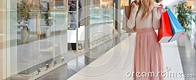 Girl in mall with shopping bags shopping on Black Friday.Shopper. Sales. Shopping Center. Cyber Monday.Copy space. Banner Stock Photo