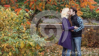 Girl and man or lovers on date hug Stock Photo