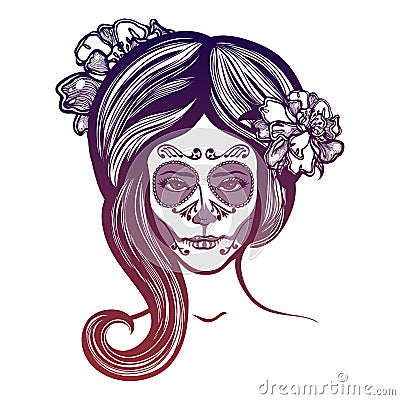 Girl with marigolds flowers in her hair and make-up to the Mexican holiday Day of the Dead. Vector Illustration