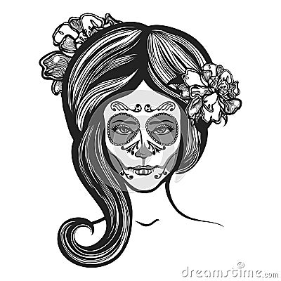 Girl with marigolds flowers in her hair and make-up to the Mexican holiday Day of the Dead. Stock Photo