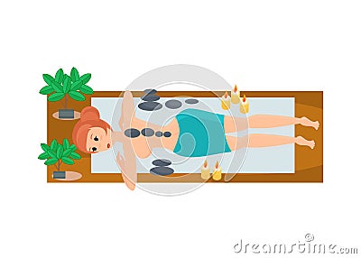 Girl at masseur`s reception in cozy atmosphere and quiet atmosphere. Vector Illustration