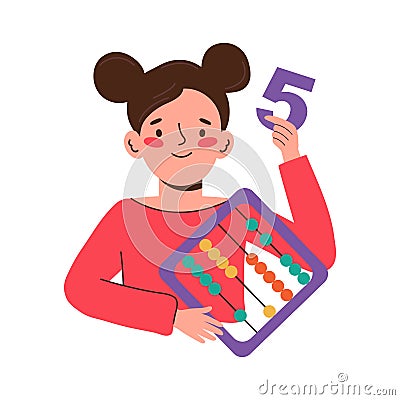 Girl in a math lesson. Preschool education. Smart child studying to count numbers using an abacus. Educational classes Vector Illustration