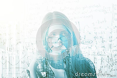 Girl with mathematical formulas Stock Photo