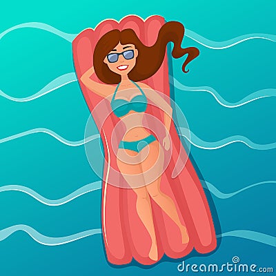 Girl on mattress in the sea. Cartoon Illustration