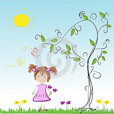 Girl on a Meadow on a Sunny Day Vector Illustration