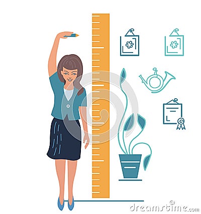 Girl Measures Height, Vector illustration personal growth Vector Illustration