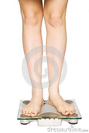 Girl measuring her weight Stock Photo