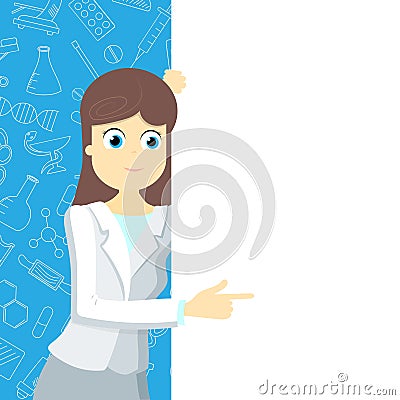 Girl in medical clothing points to a blank banner on a blue background with icons on a theme medicine Vector Illustration