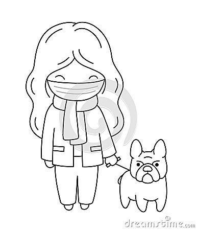 Girl in a medical mask walks with her bulldog during quarantine. Vector Illustration