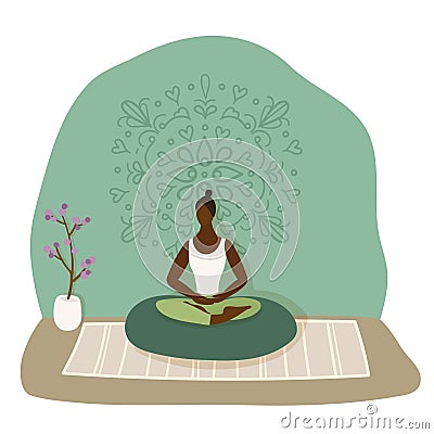 A girl meditates on the cushion.Vector flat illustration. Vector Illustration