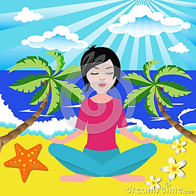 Girl meditates in the yoga lotus position in seaside Vector Illustration