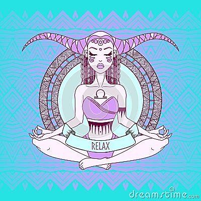 Girl meditating, doing yoga, graphic vector illustration design Vector Illustration