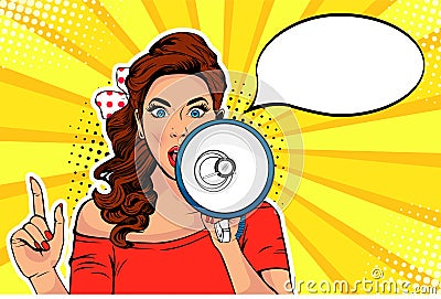 Girl with megaphone pop art retro vector illustration. Woman with loudspeaker. Female announcing discount or sale. Vector Illustration