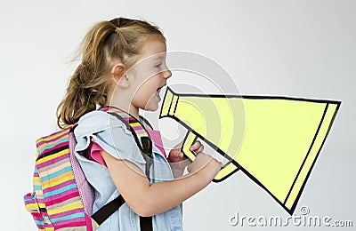 A girl with megaphone speaking Stock Photo