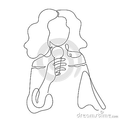 Girl with microphone, one line art, hand drawn, stylized continuous contour. Young woman sings song, performs in karaoke. Doodle, Vector Illustration