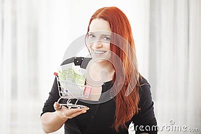 Girl with mini shopping cart trolley with euro bank note Stock Photo