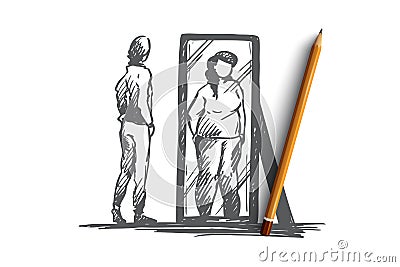 Girl, mirror, body, distorted, weight concept. Hand drawn isolated vector. Vector Illustration