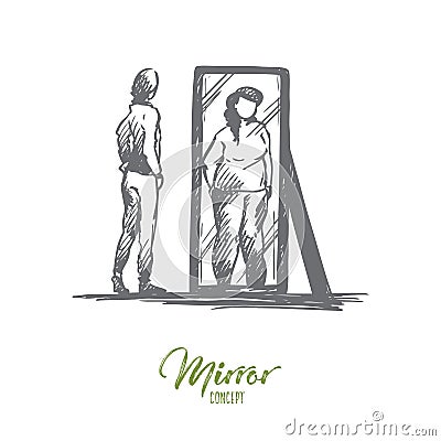 Girl, mirror, body, distorted, weight concept. Hand drawn isolated vector. Vector Illustration