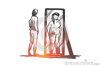 Girl, mirror, body, distorted, weight concept. Hand drawn isolated . Cartoon Illustration