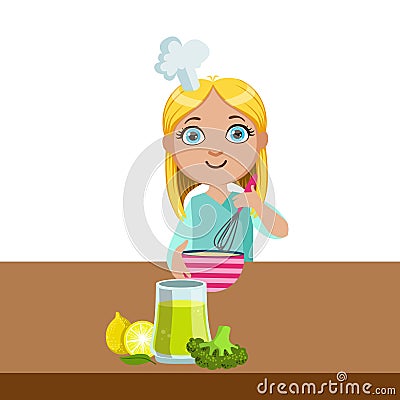 Girl Mixing In Bowl With Whip, Cute Kid In Chief Toque Hat Cooking Food Vector Illustration Vector Illustration