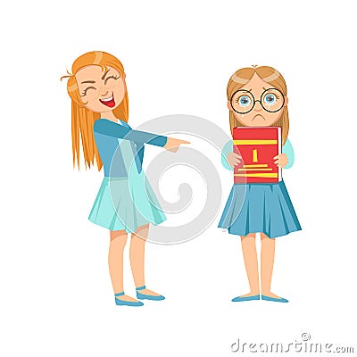 Girl Mocking Clever Kid In Glasses Teenage Bully Demonstrating Mischievous Uncontrollable Delinquent Behavior Cartoon Vector Illustration