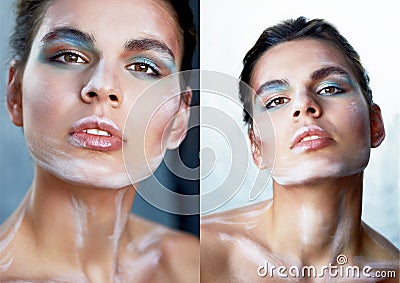 Girl model with creative makeup, paint strokes on the face.Creative person. Lips ajar, head slightly thrown back Stock Photo