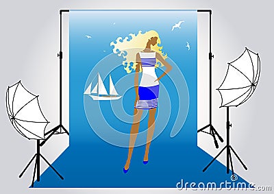 Girl model on the photo shoot in marine Vector Illustration