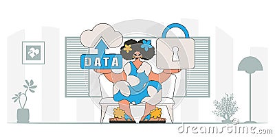 Girl with modern vector style, featuring cloud storage and padlock. Vector Illustration