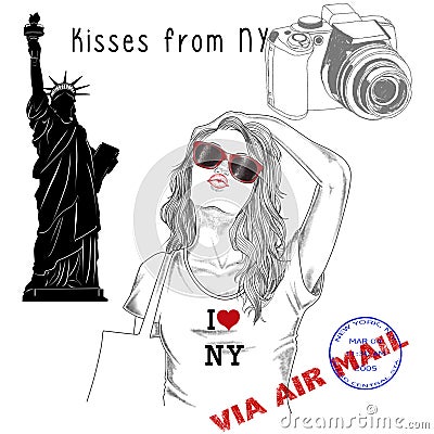 Girl with monument background and post stamps - New York Stock Photo