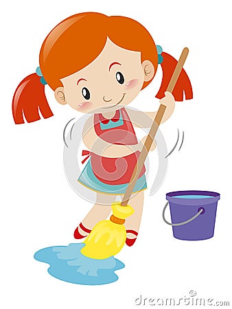 Girl mopping wet floor alone Vector Illustration