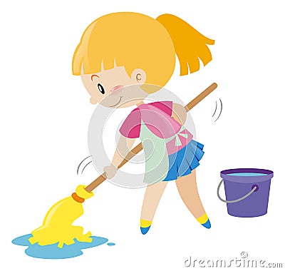 Girl mopping the wet floor Cartoon Illustration