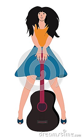 girl musician with a lush hairdo stands with a guitar Vector Illustration