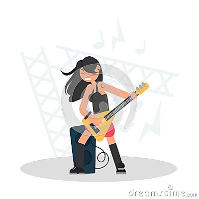 Girl musician playing bass guitar color flat illustration Cartoon Illustration