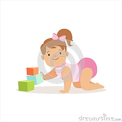 Girl In Nappy Playing With Blocks, Adorable Smiling Baby Cartoon Character Every Day Situation Vector Illustration