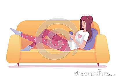 Girl networking lying on sofa isolated on white Vector Illustration